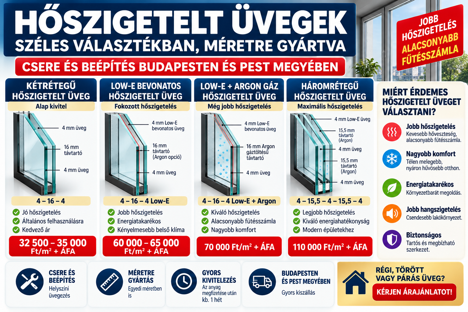 Hőszigetelt üveg rétegrendek összehasonlítása: 4-16-4 kétrétegű, Low-E, argongázas és háromrétegű hőszigetelt üvegek, méretre gyártás és beépítés Budapesten.