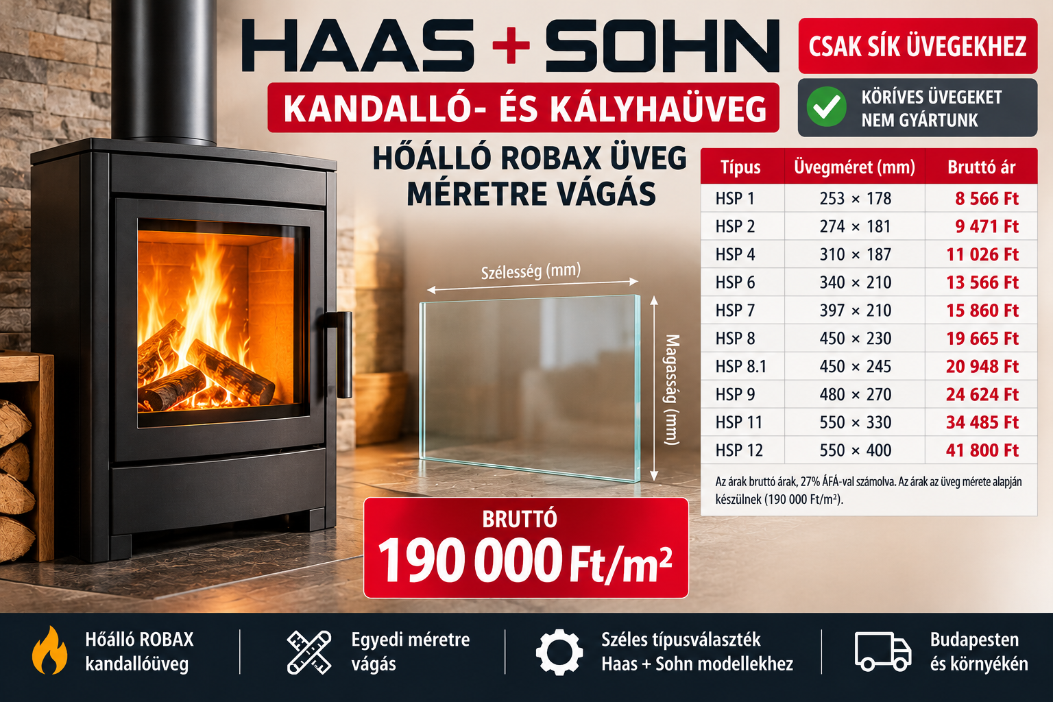Kandallóüveg, hőálló üveg és tűzálló ROBAX kerámiaüveg Haas + Sohn kandallókhoz és kályhákhoz. Sík kandallóüveg méretre vágás Budapesten, típusonkénti üvegméretek és bruttó árak.